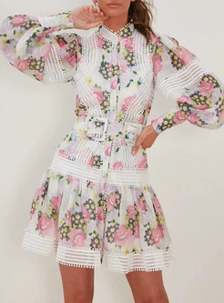 Long Sleeve Lace Patchwork Belted Short Dress