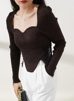 Square Neck Puff Sleeve Pullover Cropped Sweater