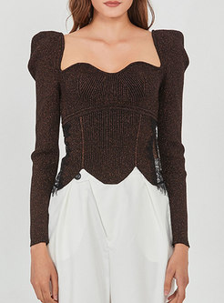 Square Neck Puff Sleeve Pullover Cropped Sweater