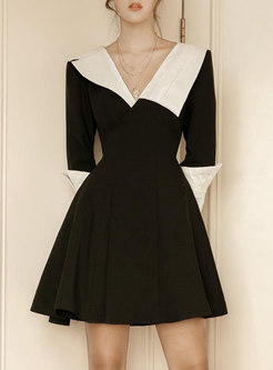 Color-blocked V-neck Short Little Black Dress