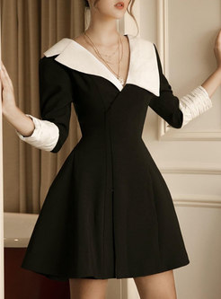 Color-blocked V-neck Short Little Black Dress