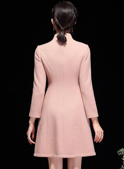 Pink Mandarin Collar Long Sleeve Beaded Short Dress