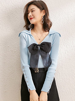 V-neck Long Sleeve Bowknot Pullover Sweater