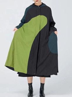 Hooded Color-blocked Plus Size Long Trench Coat