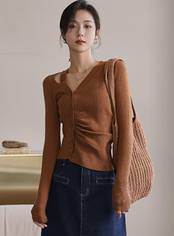 V-neck Single-breasted Ruched Cropped Sweater