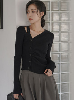 V-neck Single-breasted Ruched Cropped Sweater