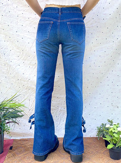 Low Rise Washed Denim Flare Pants