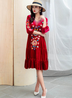 Embroidered Velvet Boho Midi Dress