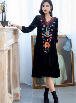 Embroidered Velvet Boho Midi Dress