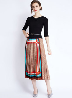 Crew Neck Sweater Patchwork Striped Pleated Long Dress