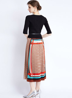 Crew Neck Sweater Patchwork Striped Pleated Long Dress