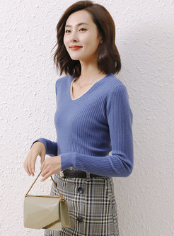 V-neck Long Sleeve Pullover Ribbed Sweater