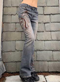 Low Rise Washed Denim Embroidered Straight Pants