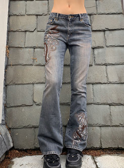 Low Rise Washed Denim Embroidered Straight Pants