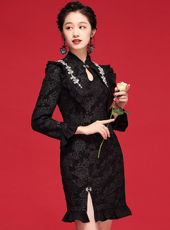 Retro Beaded Jacquard Short Improved Cheongsam Dress