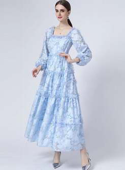 Sweet Square Neck Long Sleeve Floral Party Dress