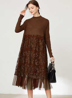 Long Sleeve Lace Plus Size Midi Sweater Dress