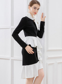 Bowknot Color-blocked Long Sleeve Ruffle Mini Dress