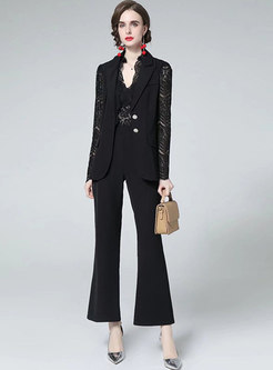 Lace Long Sleeve Openwork High Waisted Flare Pant Suits