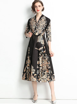 Court V-neck Floral Pleated Long Party Dress
