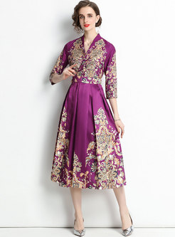 Court V-neck Floral Pleated Long Party Dress