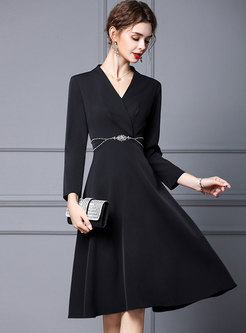 Long Sleeve V-neck Beaded Black Cocktail Dress