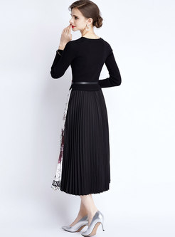 Long Sleeve Sweater Letter Print Pleated Maxi Dress