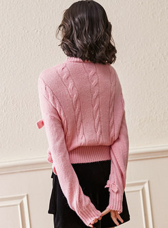Crew Neck Bowknot Cable-knit Pullover Sweater