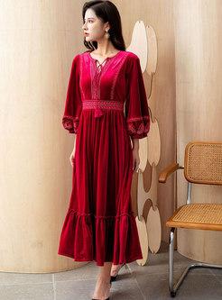 V-neck Lantern Sleeve Velvet Embroidered Long Dress