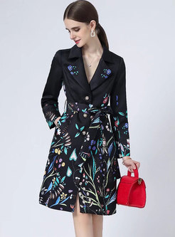Lapel Print A Line Knee-length Trench Coat