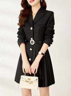 Long Sleeve Belted Pleated Mini Blazer Dress