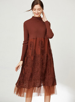 Plus Size Sweater Patchwork Lace Shift Midi Dress