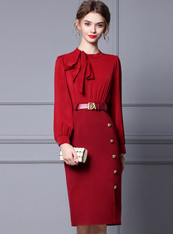 Long Sleeve Bowknot Belted Cocktail Dress