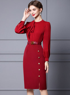 Long Sleeve Bowknot Belted Cocktail Dress