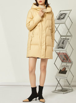 Hooded Thickened Drawcord Midi Puffer Coat