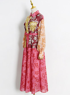 Floral Lantern Sleeve Color-blocked Long Party Dress