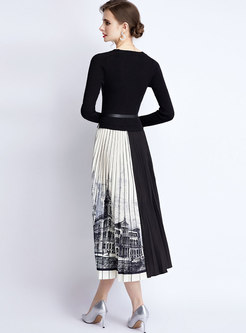 Crew Neck Sweater Patchwork Pleated Long Dress