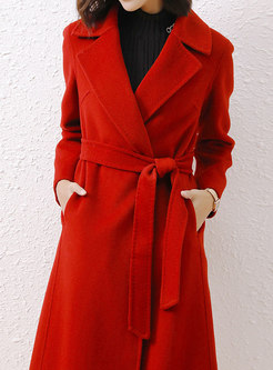 Long Red Woolen Belted Coat