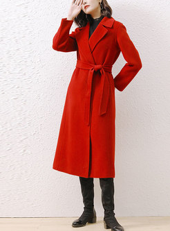 Long Red Woolen Belted Coat