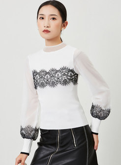 Lace Patchwork Lantern Sleeve Pullover Sweater