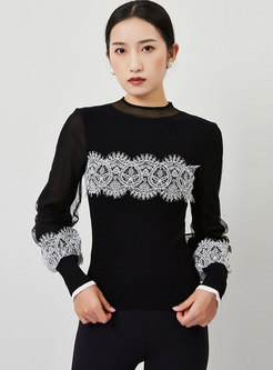 Lace Patchwork Lantern Sleeve Pullover Sweater