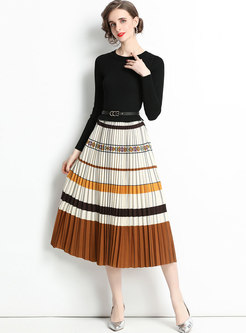 Long Sleeve Belted Sweater Pleated Long Dress