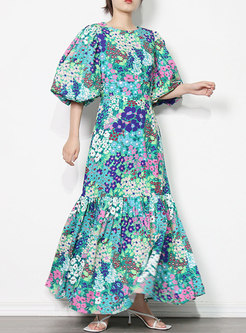 Puff Sleeve Floral Long Party Mermaid Dress