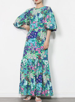 Puff Sleeve Floral Long Party Mermaid Dress