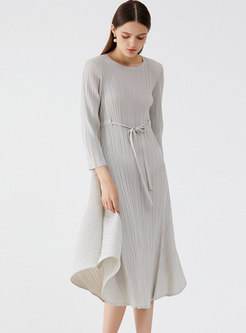 Casual Long Sleeve Pleated Midi Dress