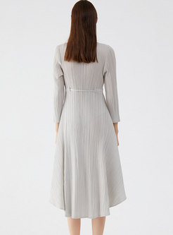 Casual Long Sleeve Pleated Midi Dress
