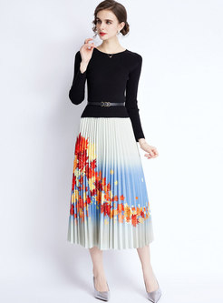 Long Sleeve Sweater Patchwork Pleated Long Dress