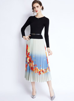 Long Sleeve Sweater Patchwork Pleated Long Dress