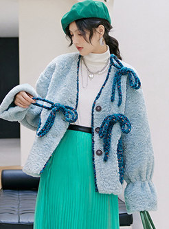 V-neck Color-blocked Bowknot Lambswool Coat