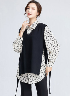 Floral Elgent Blouse With Sweater Vest 